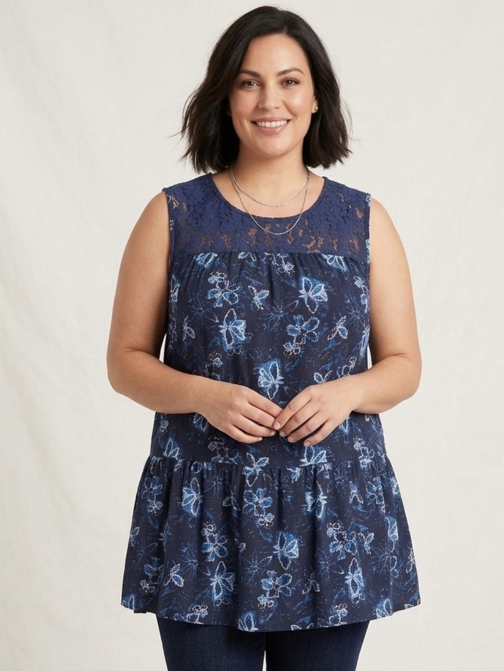 Suzanne Betro Blue Boho Floral Sleeveless Blouse Navy Lace Upper, Size 1X